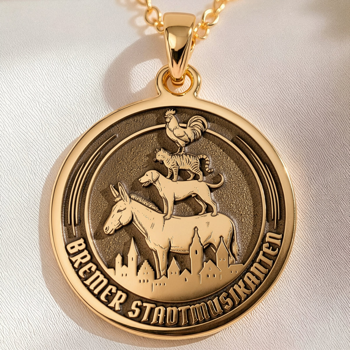 14K solid gold Bremen Musicians Grimm Fairy Tale Pendant: round  of Bremen Town Musicia...