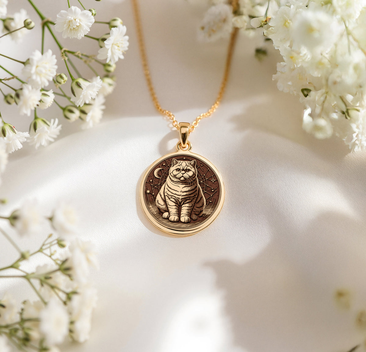 A polished 14K solid gold British Shorthair medallion. This fine pet jewelry represents the breed's affectionate nature, a perfect cat lover gift.