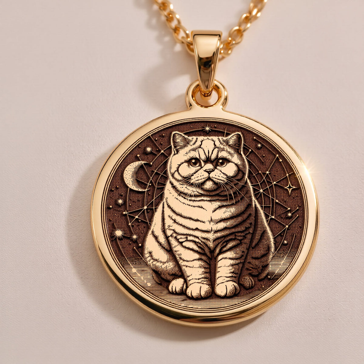 An elegant rose gold plated British Shorthair pendant. The beautiful engraving makes this a dainty and modern piece of pet jewelry.