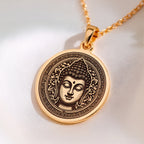 14K solid gold Buddha Medallion Necklace: round  of Buddha with engraved serene face us...