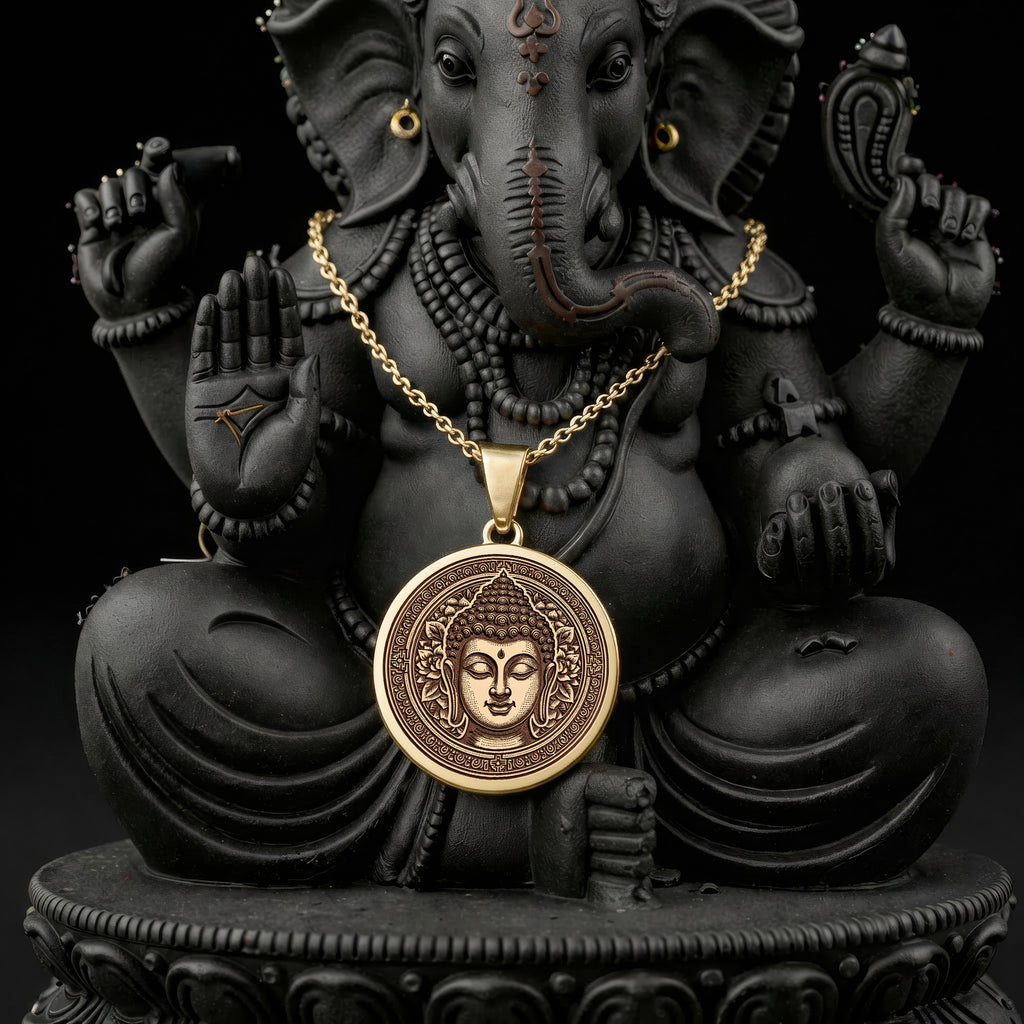 Buddha Medallion Necklace Pendants 14K 14K Gold Plated round pendant with Buddha face design necklace
