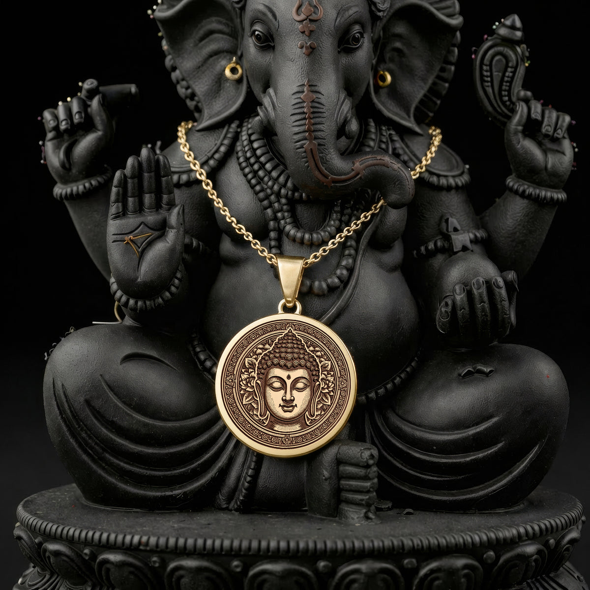 14K solid gold Buddha Medallion Necklace: round  Buddha Dhyana seated in meditation mud...
