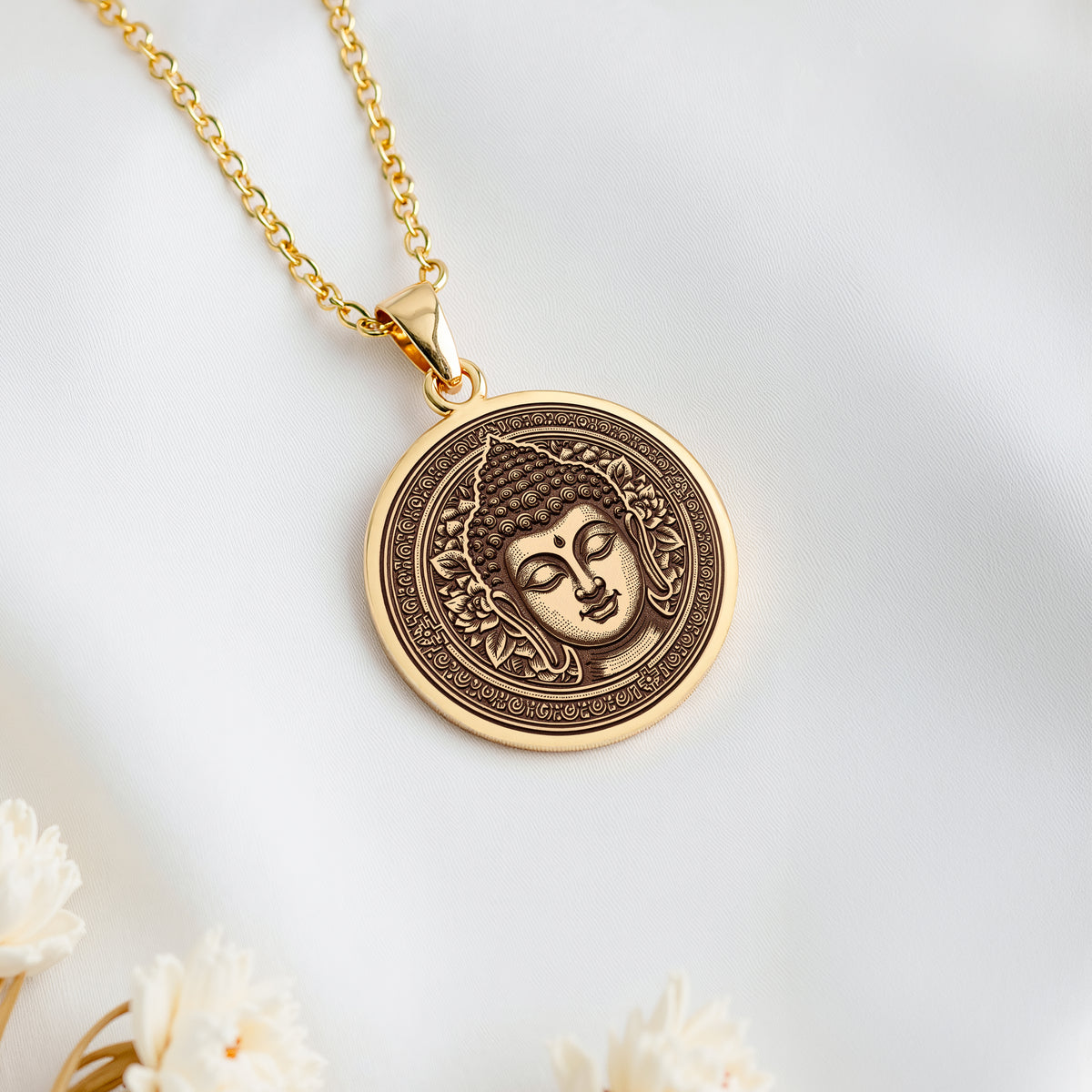 Buddha Medallion Necklace Pendants 14K 14K Gold Plated pendant necklace featuring a Buddha face design on a round disc.