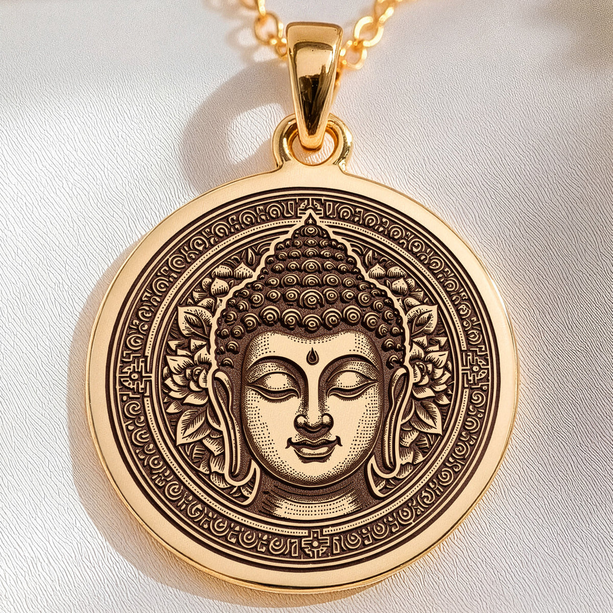 Buddha Medallion Necklace Pendants 14K 14K Gold Plated pendant necklace featuring a detailed Buddha face design in a circular frame.