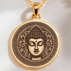 Buddha Medallion Necklace Pendants 14K 14K Gold Plated pendant necklace featuring a detailed Buddha face design in a circular frame.