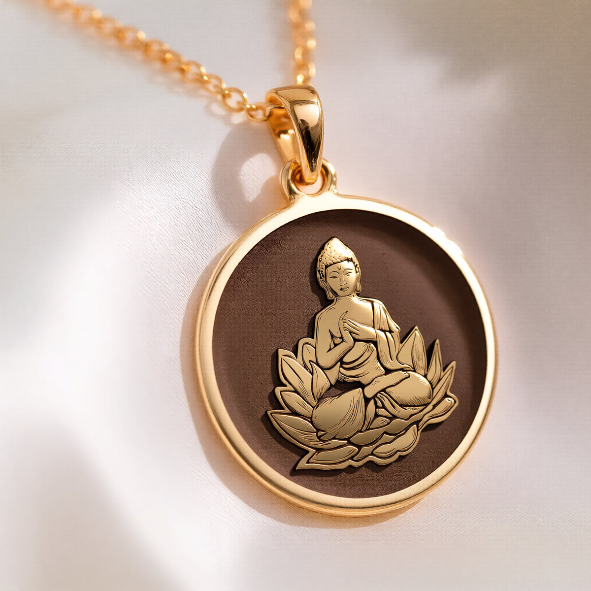 14K solid gold Buddha Lotus Yoga Talisman Necklace: round  seated Buddha in lotus posit...
