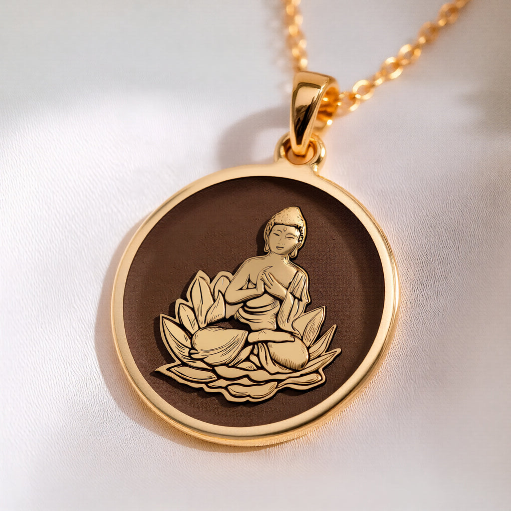 14K solid gold Buddha Lotus Yoga Talisman Necklace: round  Meditating Buddha seated on ...