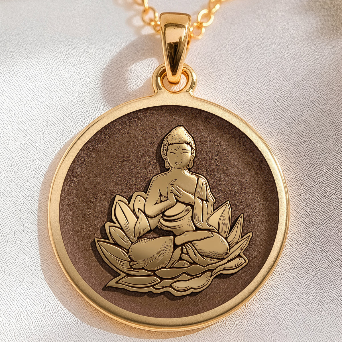 14K solid gold Buddha Lotus Yoga Talisman Necklace: round  of meditating Buddha seated ...