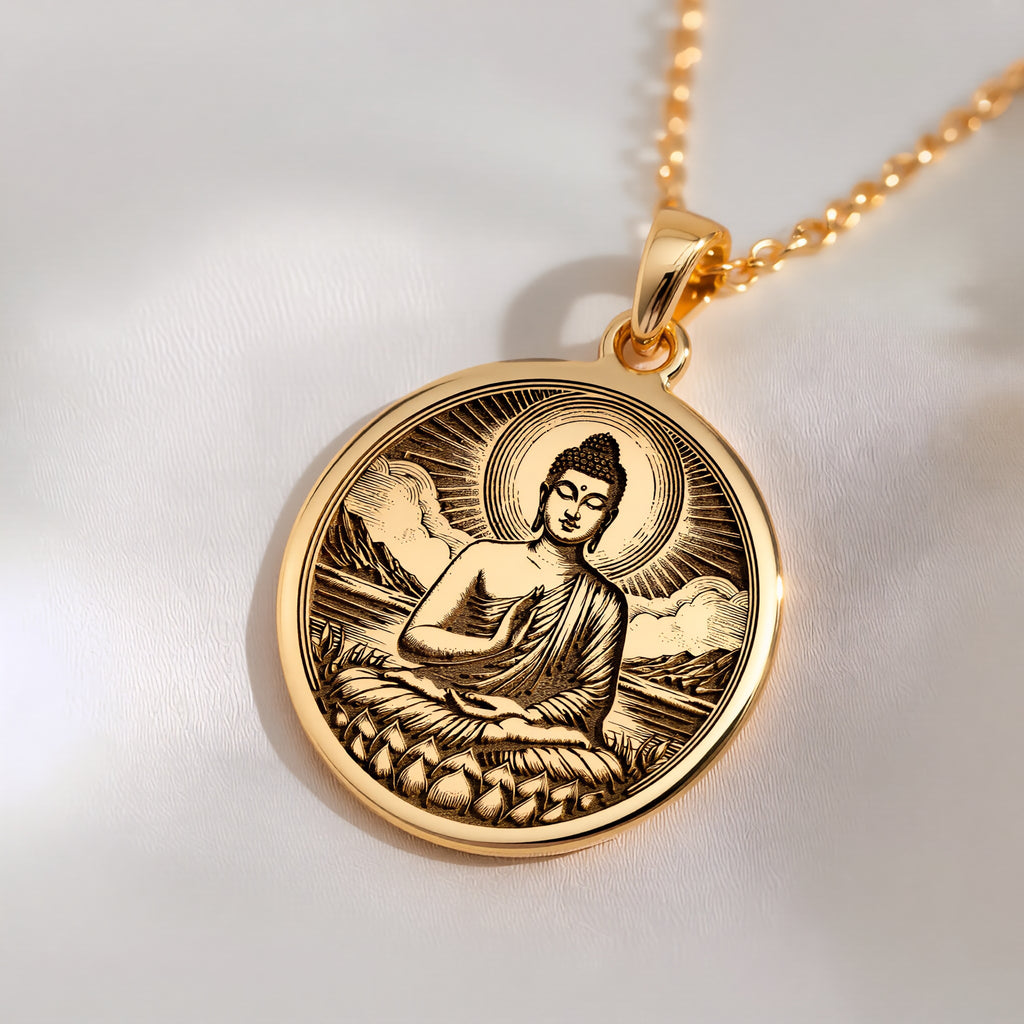 14K solid gold Buddha Medallion Necklace: round  of Buddha seated in dhyana mudra on lo...