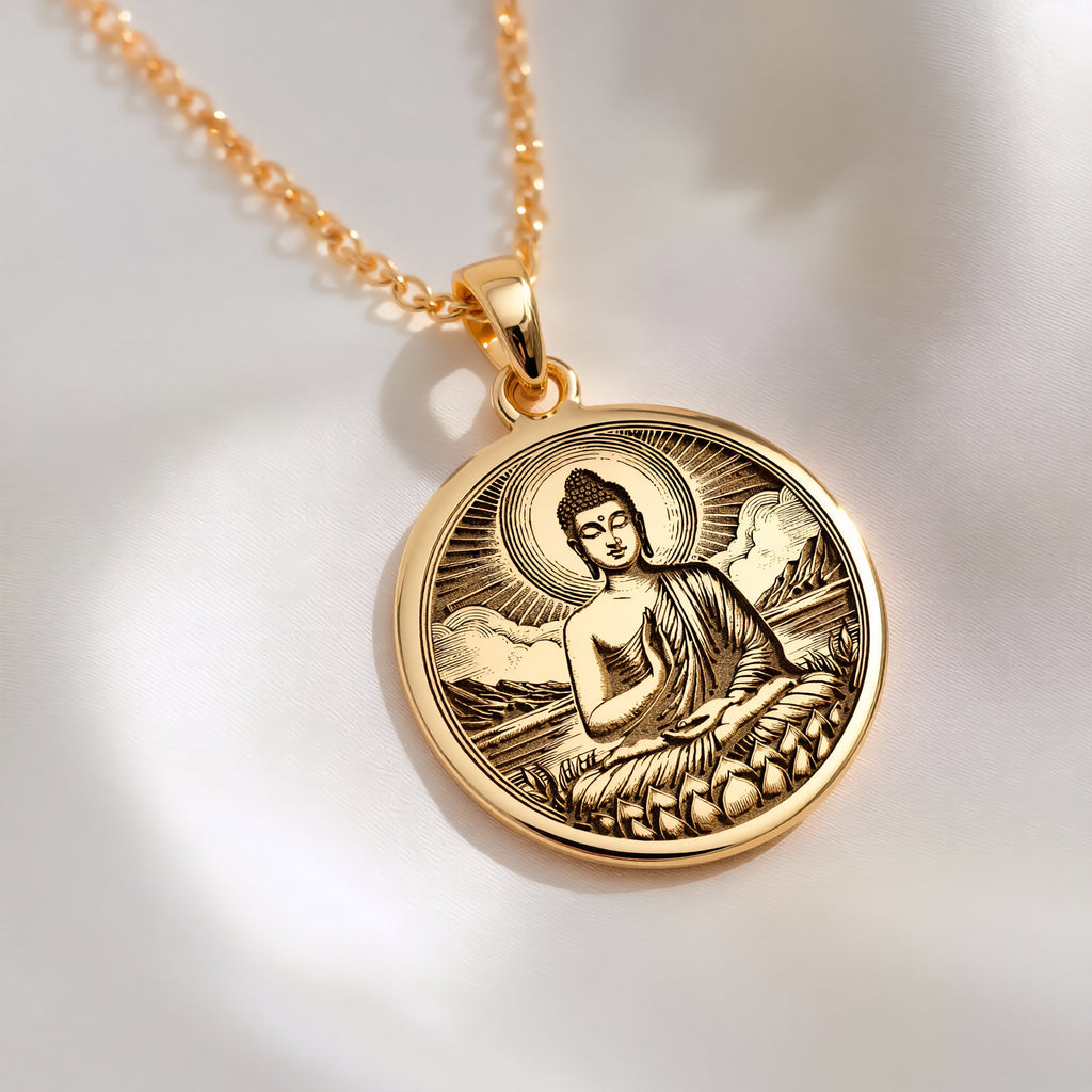 14K solid gold Buddha Medallion Necklace: round  of Buddha seated in dhyana mudra on lo...