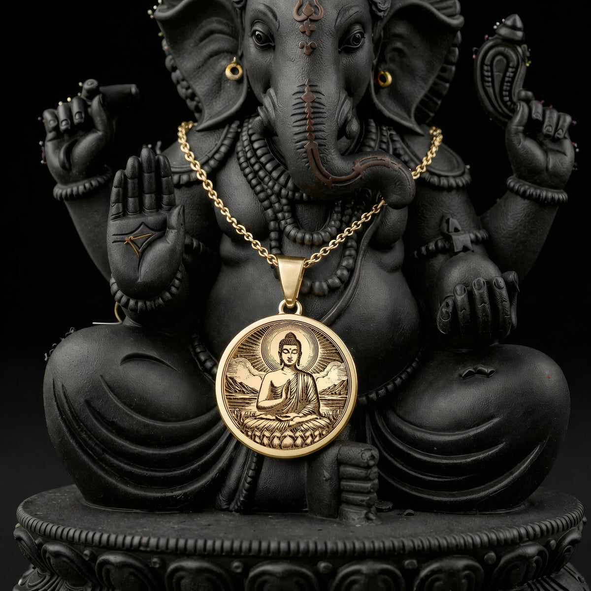 14K solid gold Buddha Medallion Necklace: round  of Buddha in dhyana mudra seated on lo...