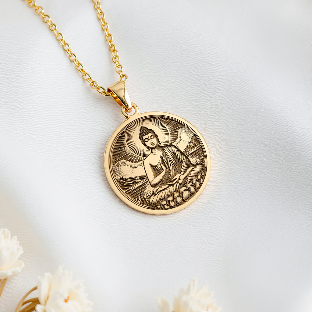 14K solid gold Buddha Medallion Necklace: round  Buddha in dhyana mudra seated on lotus...