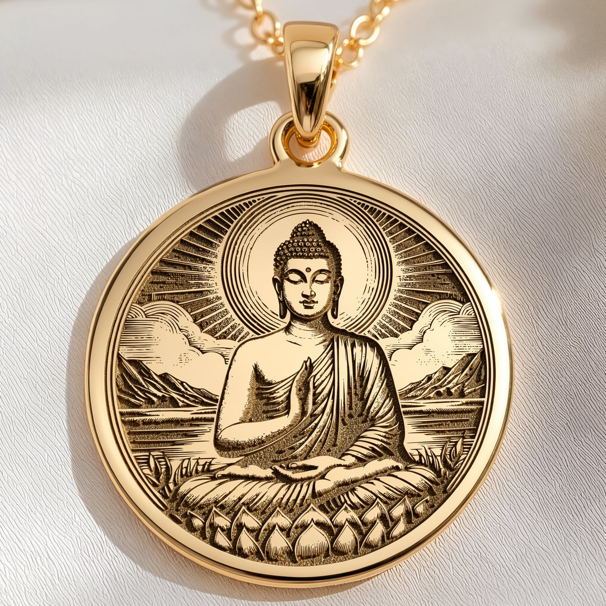 14K solid gold Buddha Medallion Necklace: round  of Buddha seated in lotus position wit...