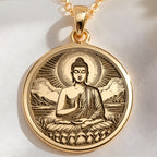 14K solid gold Buddha Medallion Necklace: round  of Buddha seated in lotus position wit...