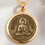 14K solid gold Meditating Buddha Mindfulness Pendant: round  of Buddha seated in lotus ...