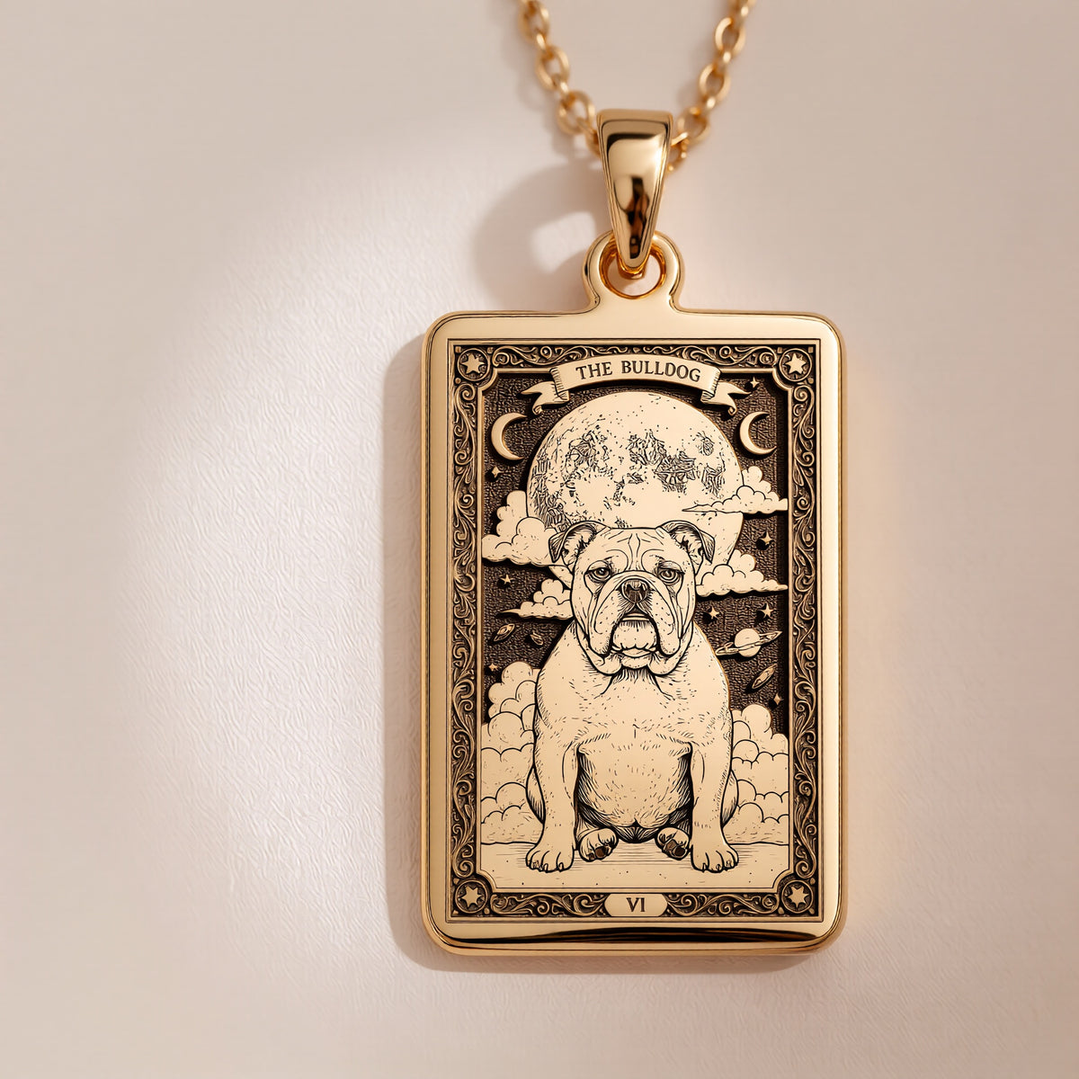 A polished 14K solid gold Bulldog medallion. This fine pet jewelry represents the breed's gentle nature, a perfect dog lover gift.