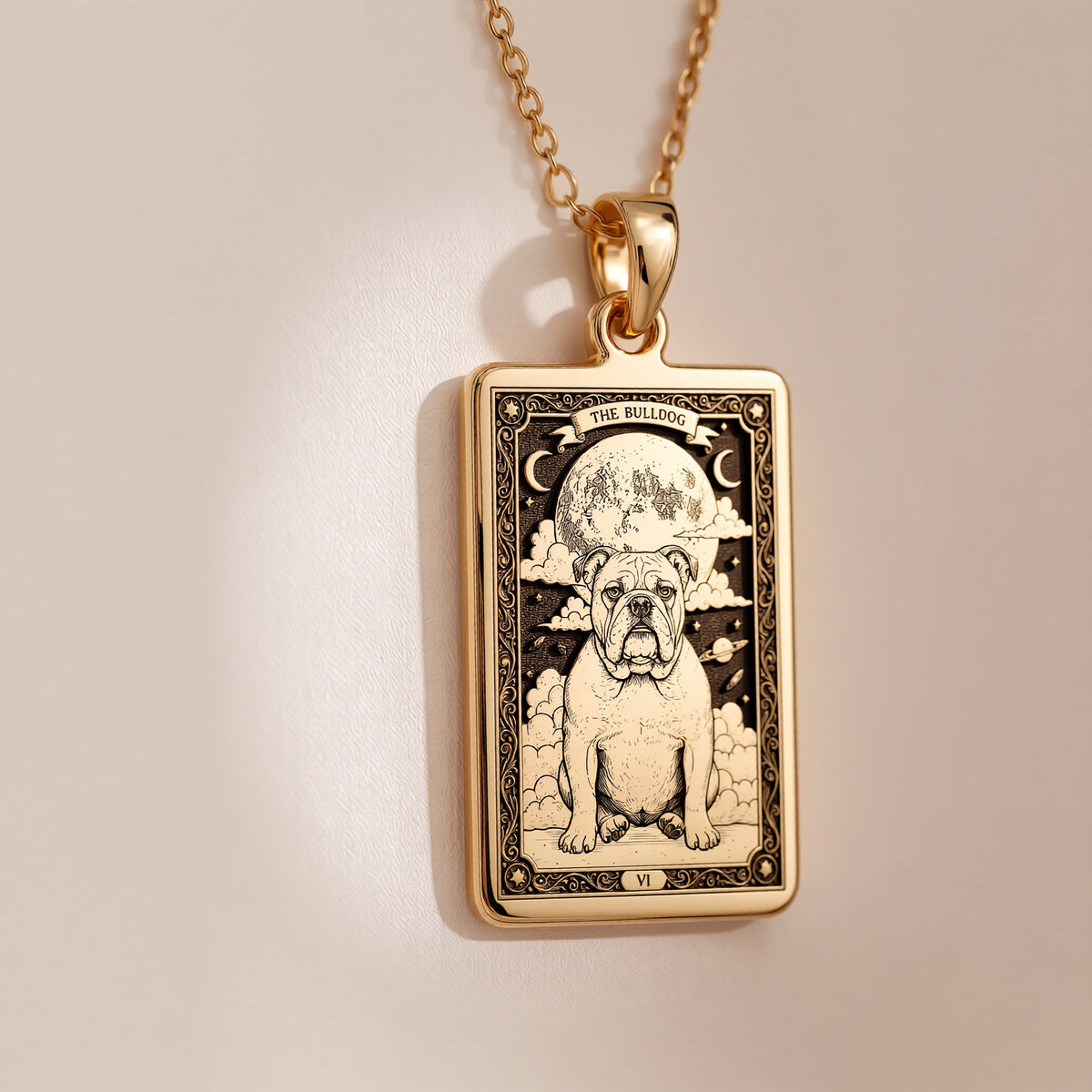 An heirloom-quality 14K solid gold Bulldog tarot pendant. The art shows the loyal dog under the moon, symbolizing companionship, a precious dog mom gift.