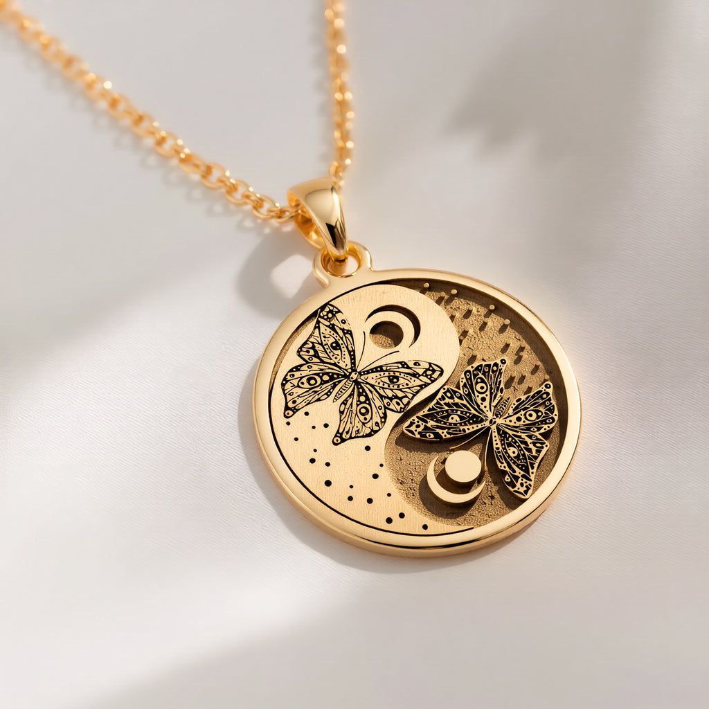 14K solid gold Butterfly Yin Yang Celestial Pendant: round  butterfly yin yang design w...