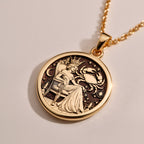 Cancer Zodiac Queen Medallion Pendants 14K Rose 14K 14K Rose Gold Plated round pendant featuring a classical draped figure design on a delicate chain.