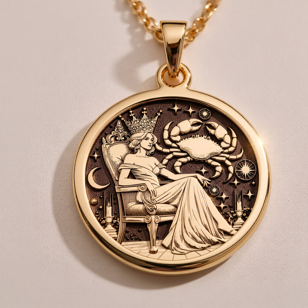 Cancer Zodiac Queen Medallion Pendants Rose 14K Rose 14K 14K Rose 14K 14K Rose Gold Plated round pendant with engraved classical scene necklace