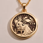 Cancer Zodiac Queen Medallion Pendants Rose 14K Rose 14K 14K Rose 14K 14K Rose Gold Plated round pendant with engraved classical scene necklace