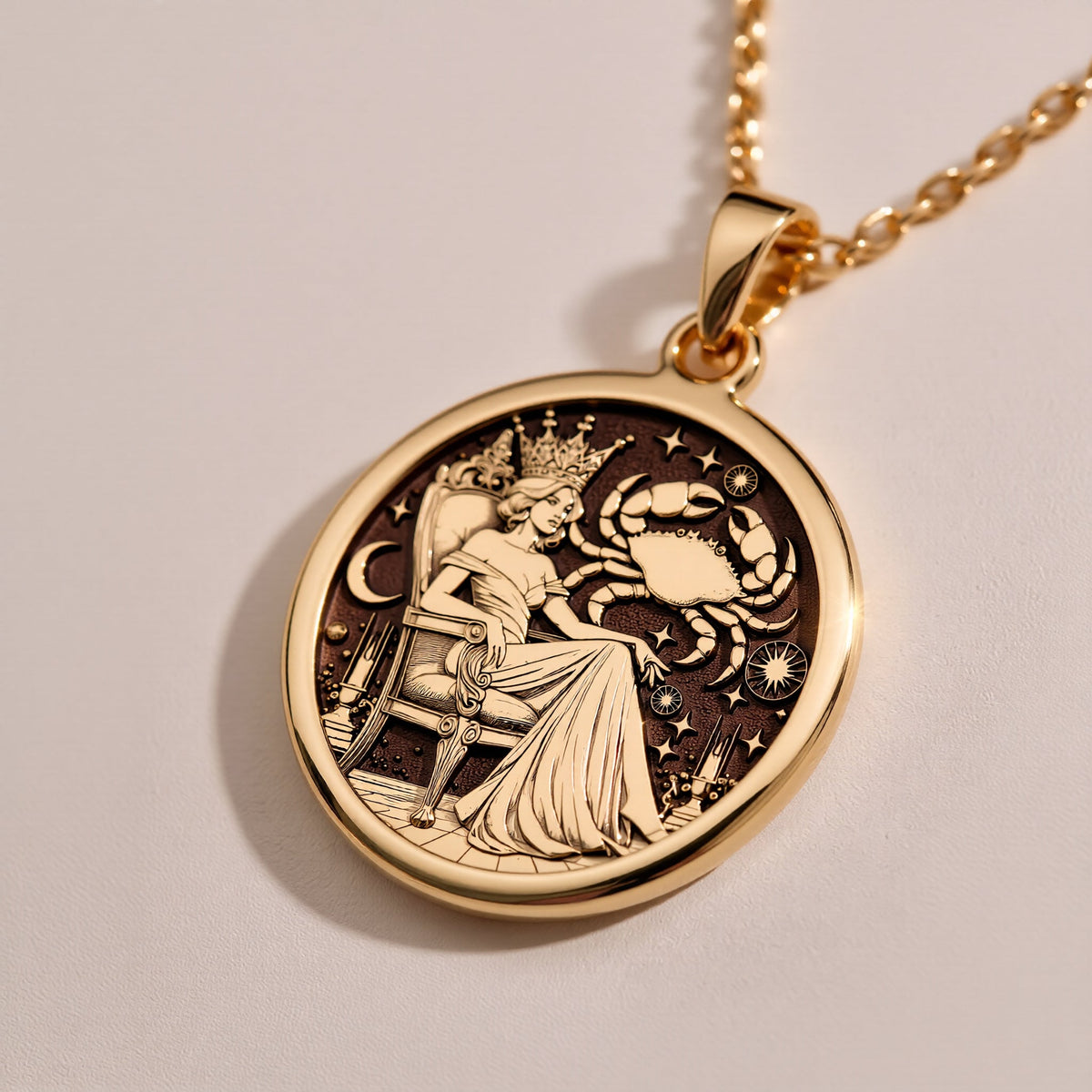 Cancer Zodiac Queen Medallion Pendants 925 925 Sterling Silver pendant necklace with teardrop shape and chain length charts.