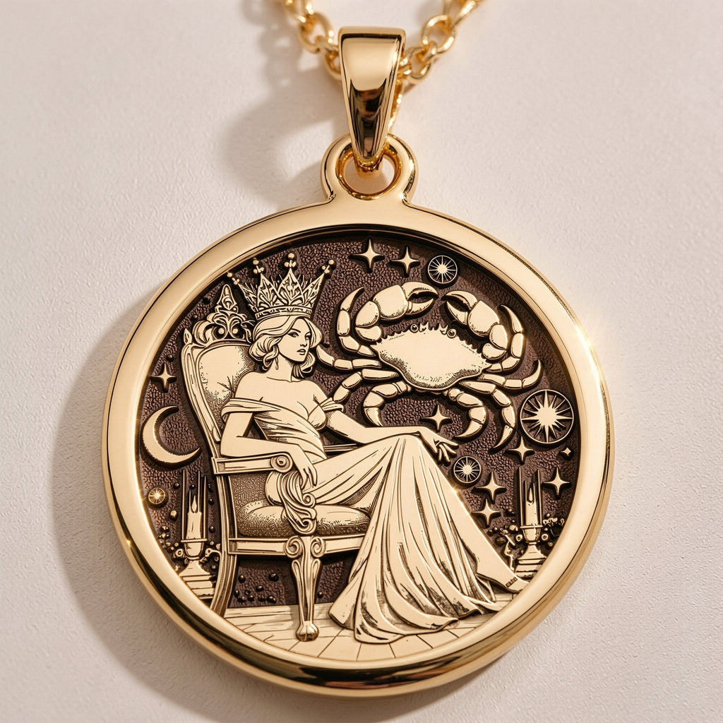 Sterling silver Cancer Zodiac Queen Medallion: round  Cancer zodiac queen with engraved...