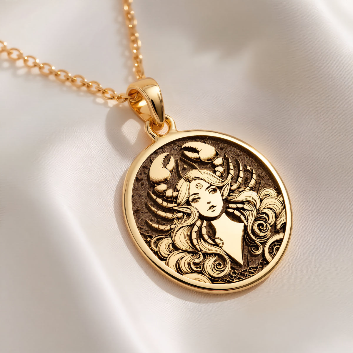 14K solid gold Cancer Zodiac Astrological Sign Pendant: round  of Cancer zodiac astrolo...