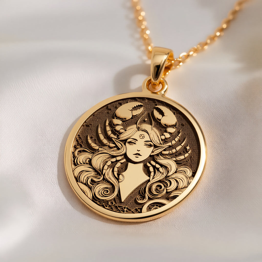 14K solid gold Cancer Zodiac Astrological Sign Pendant: round  of Cancer zodiac astrolo...