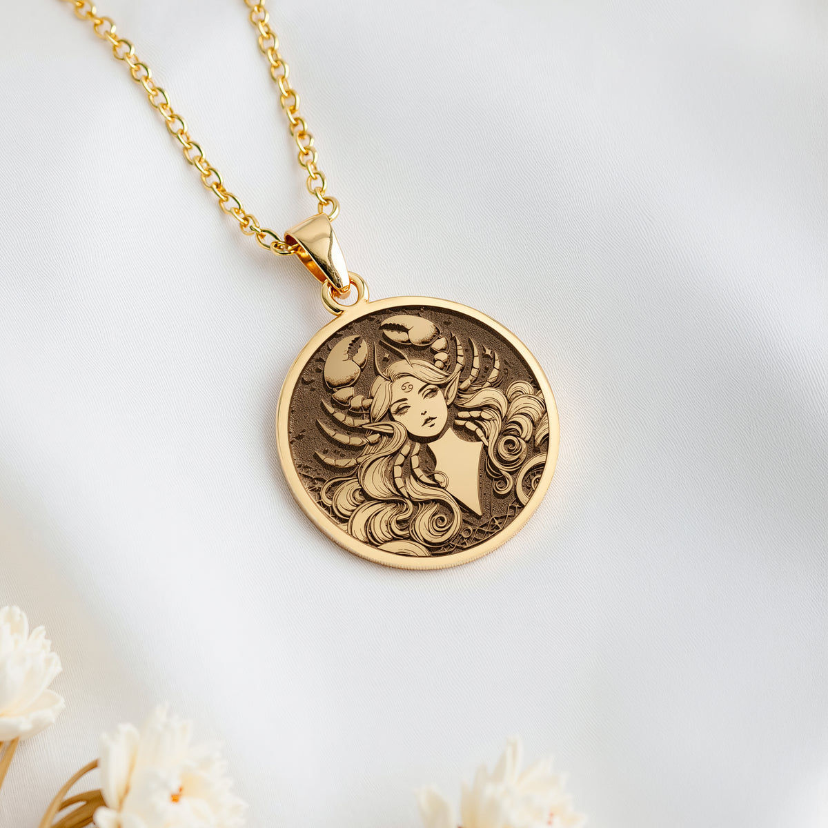 14K solid gold Cancer Zodiac Astrological Sign Pendant: round  of Cancer zodiac astrolo...