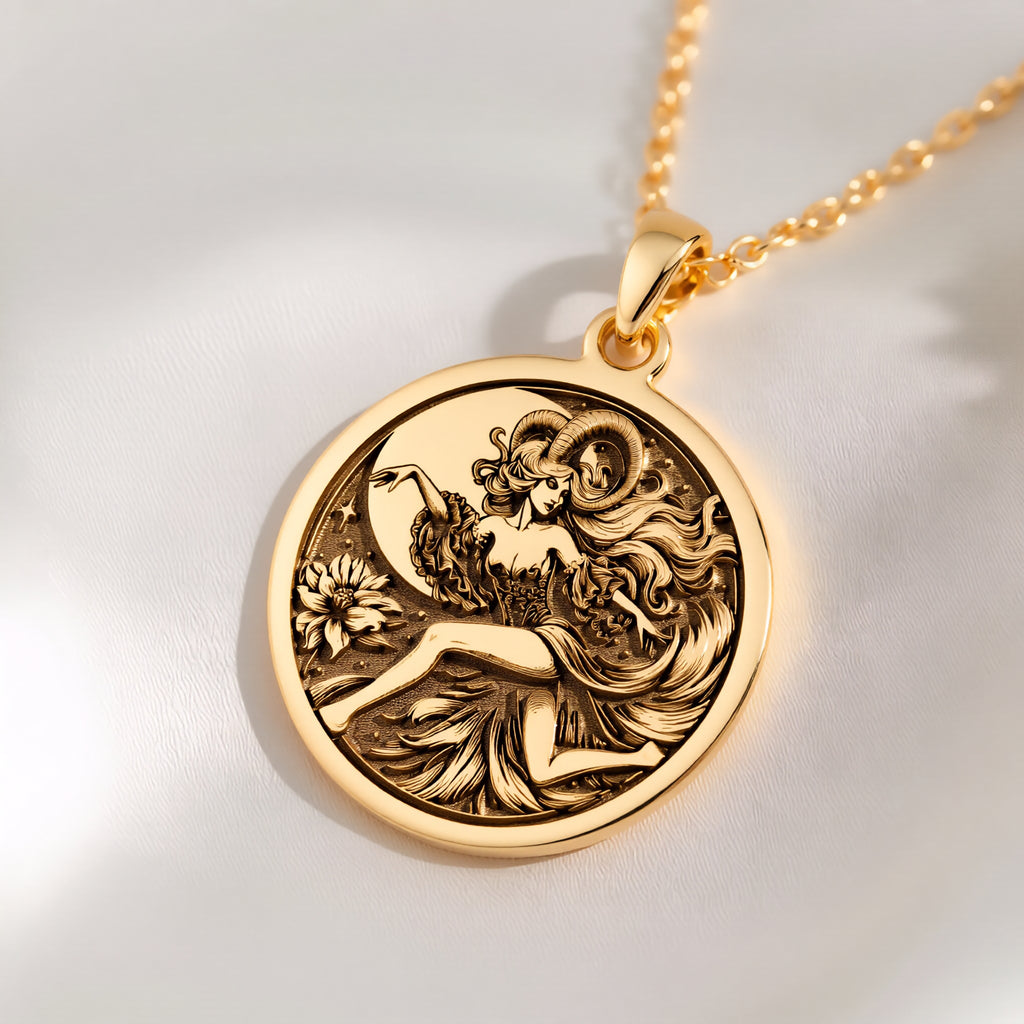 14K solid gold Capricorn Goat Zodiac Pendant: round  of Capricorn zodiac sign with engr...