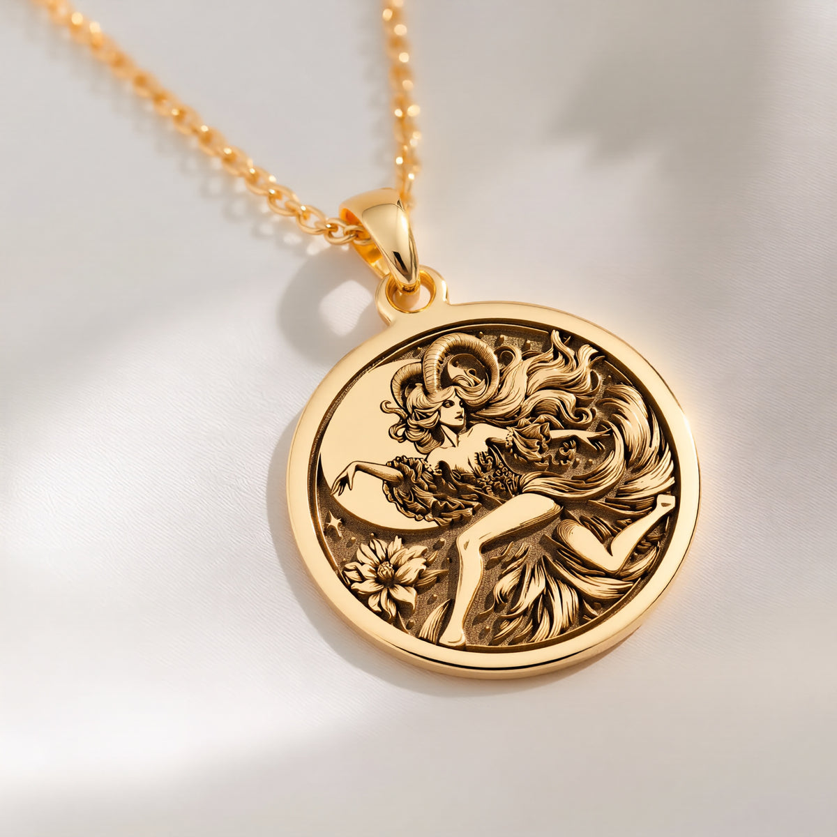14K solid gold Capricorn Goat Zodiac Pendant: round  Capricorn earth sign goat zodiac w...