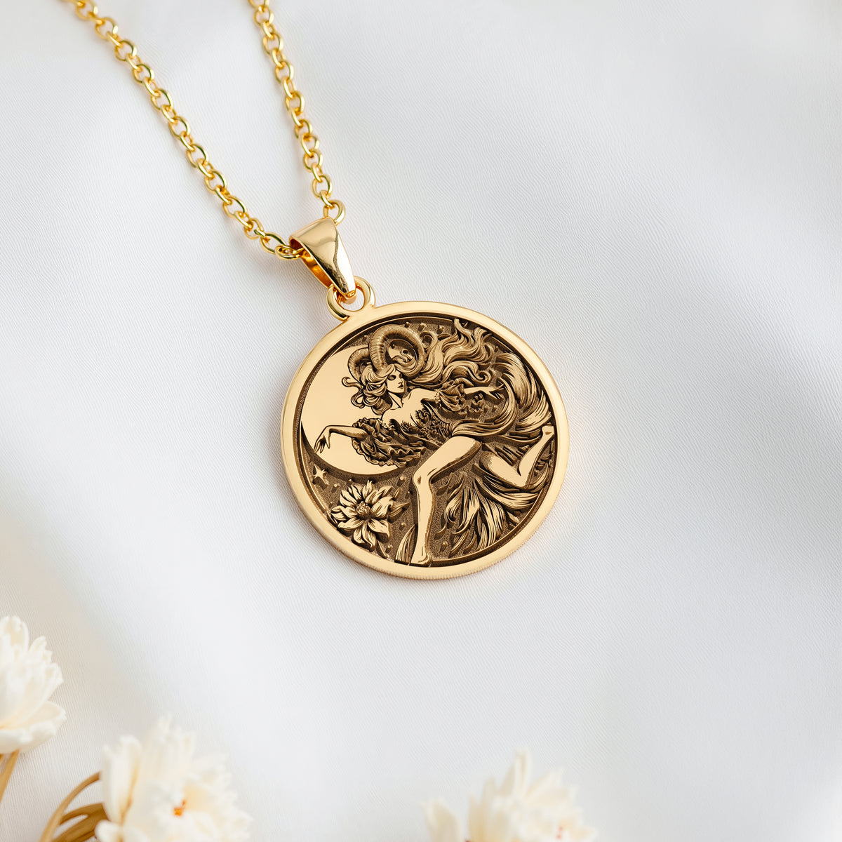 14K solid gold Capricorn Goat Zodiac Pendant: round  of Capricorn zodiac goat with engr...