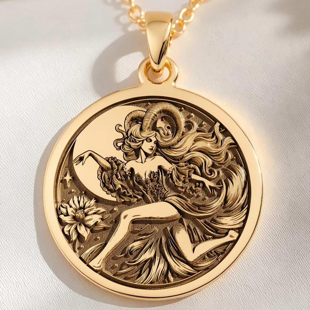 14K solid gold Capricorn Goat Zodiac Pendant: round  of Capricorn zodiac sign engraved ...