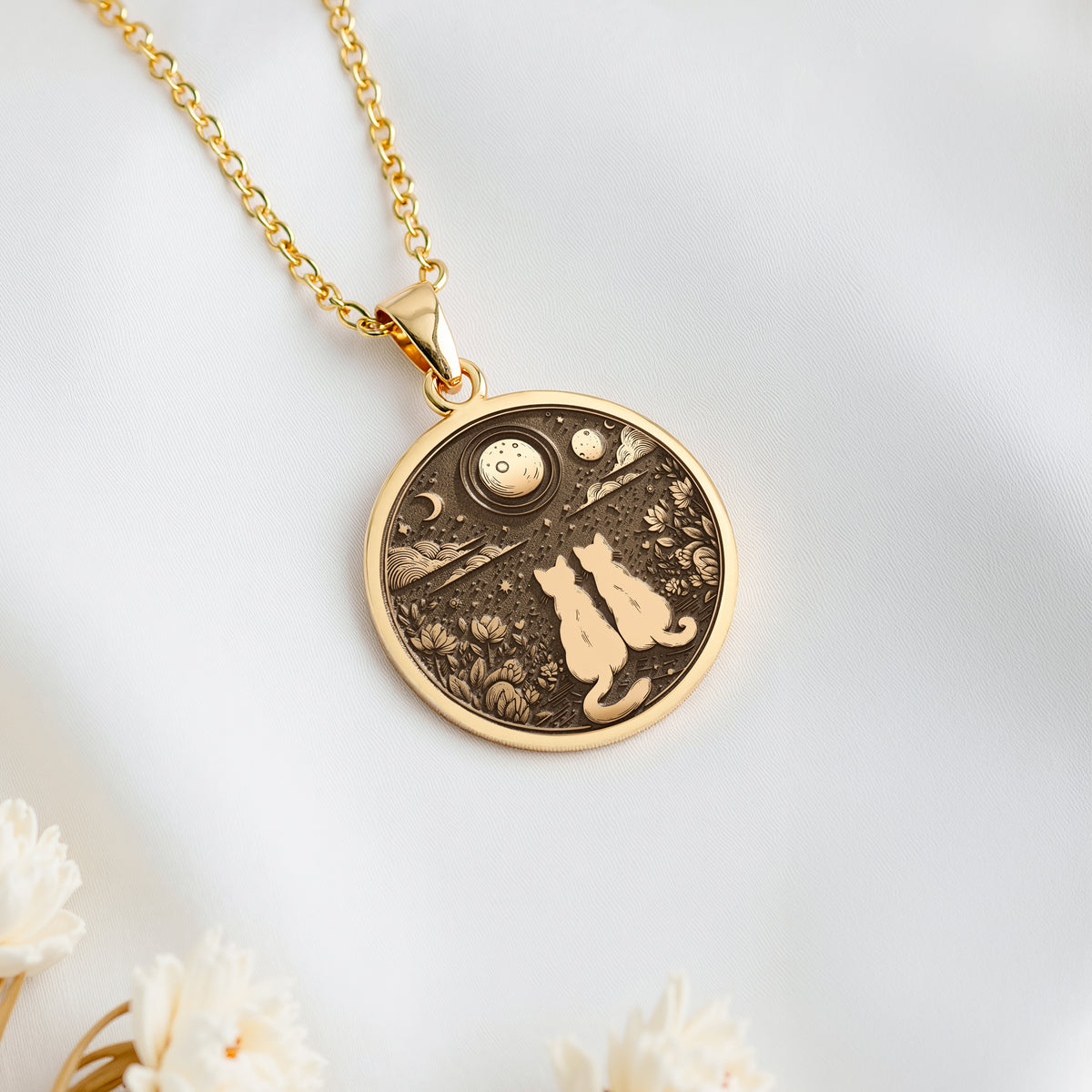 14K solid gold Moon Kitty Cat Spirit Animal Medallion: round  two cats gazing at moon p...