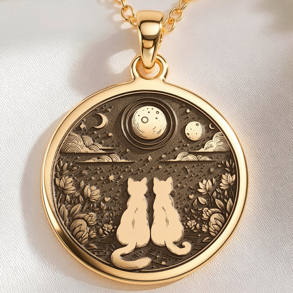 14K solid gold Moon Kitty Cat Spirit Animal Medallion: round  two cats sitting side by ...