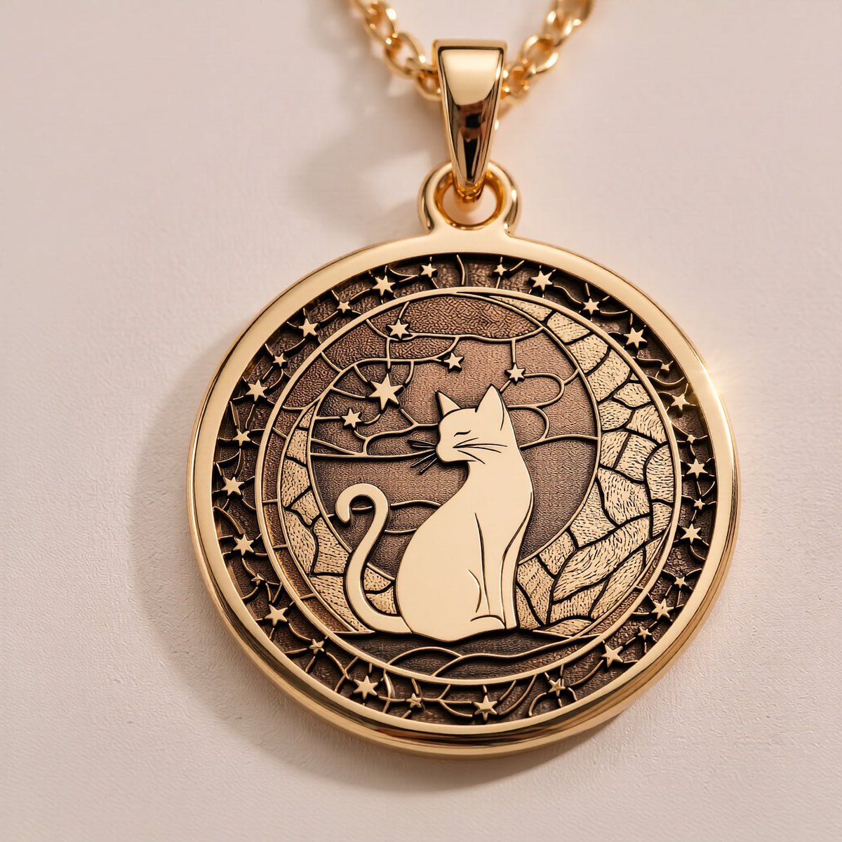 14K solid gold Moon Kitty Cat Spirit Animal Medallion: round  two cats sitting back-to-...