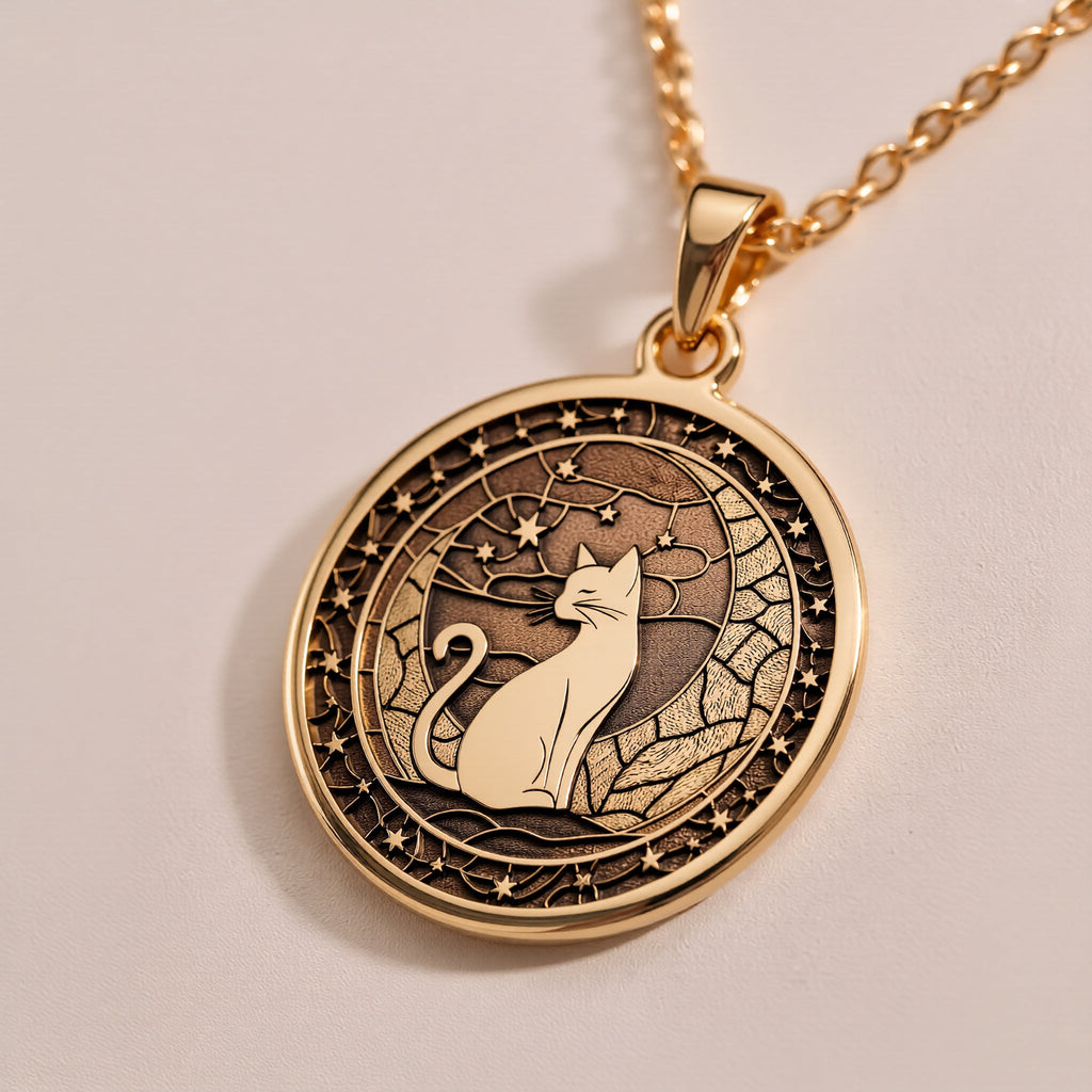 14K solid gold Moon Kitty Cat Spirit Animal Medallion: round  of moon kitty cat spirit ...