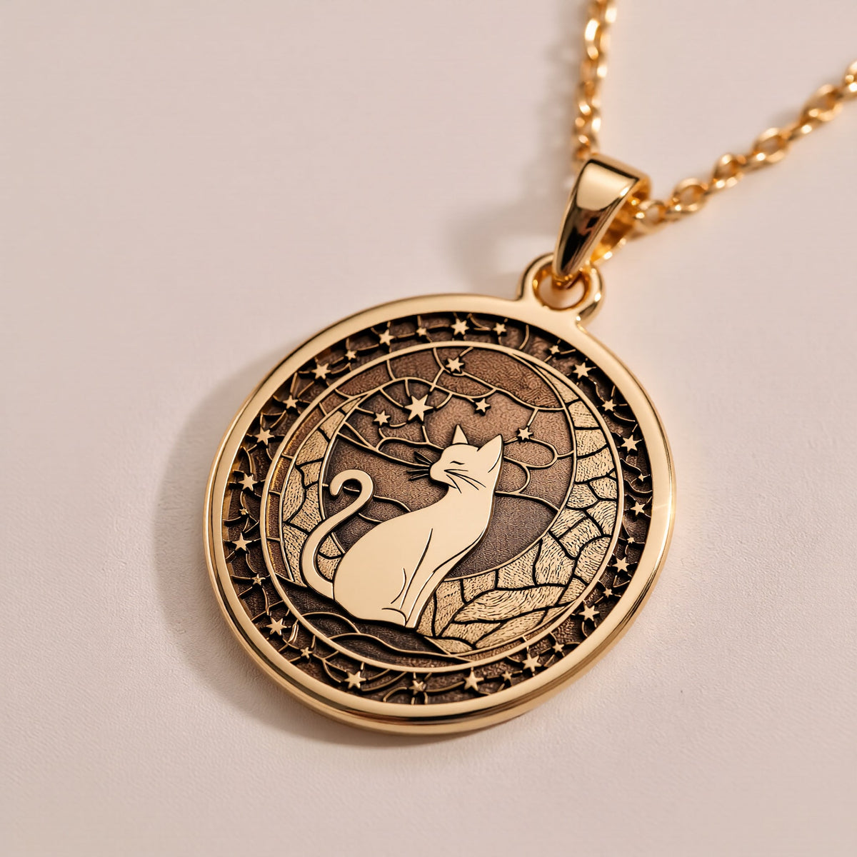 Silver plated Moon Kitty Cat Spirit Animal Medallion: round  of Moon Kitty cat spirit a...