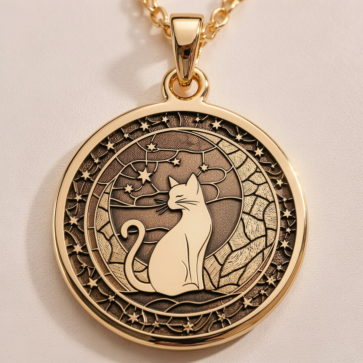 Gold plated Moon Kitty Cat Spirit Animal Medallion: Shipping info card silver and round...