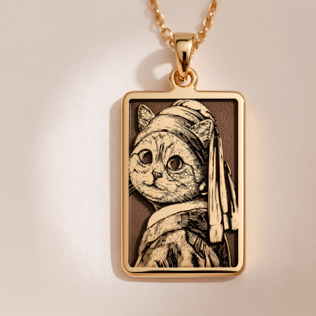Cat with Pearl Earring Necklace in 14K Solid Gold 14mm — front view — Shop Luminous Luxury Crafts