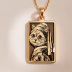 Cat with Pearl Earring Necklace in 14K Solid Gold 14mm — front view — Shop Luminous Luxury Crafts