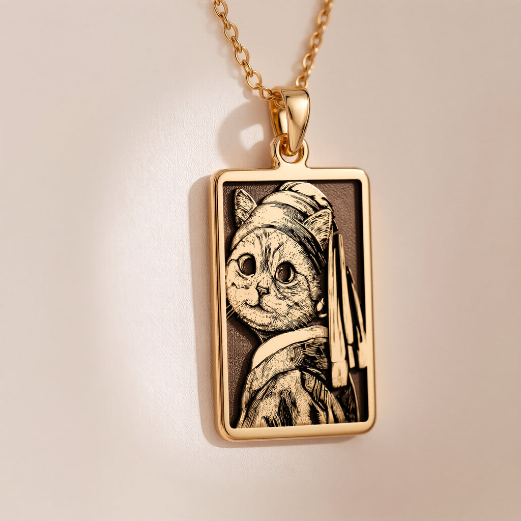 Cat with Pearl Earring Necklace in 14K Solid Gold 14mm — side view — Shop Luminous Luxury Crafts