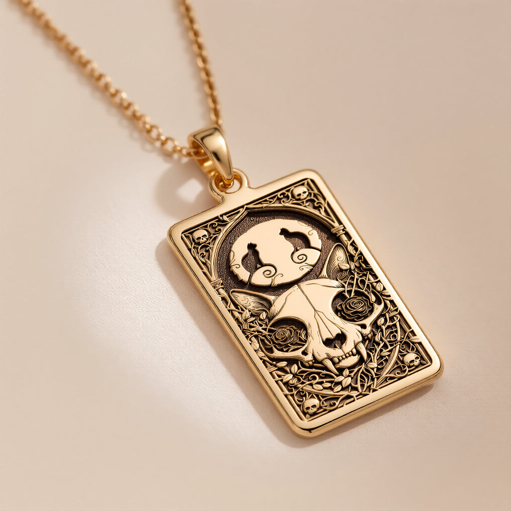 Cat Skull Gothic Pendant in 14K Solid Gold 14mm — detail view — Shop Luminous Luxury Crafts