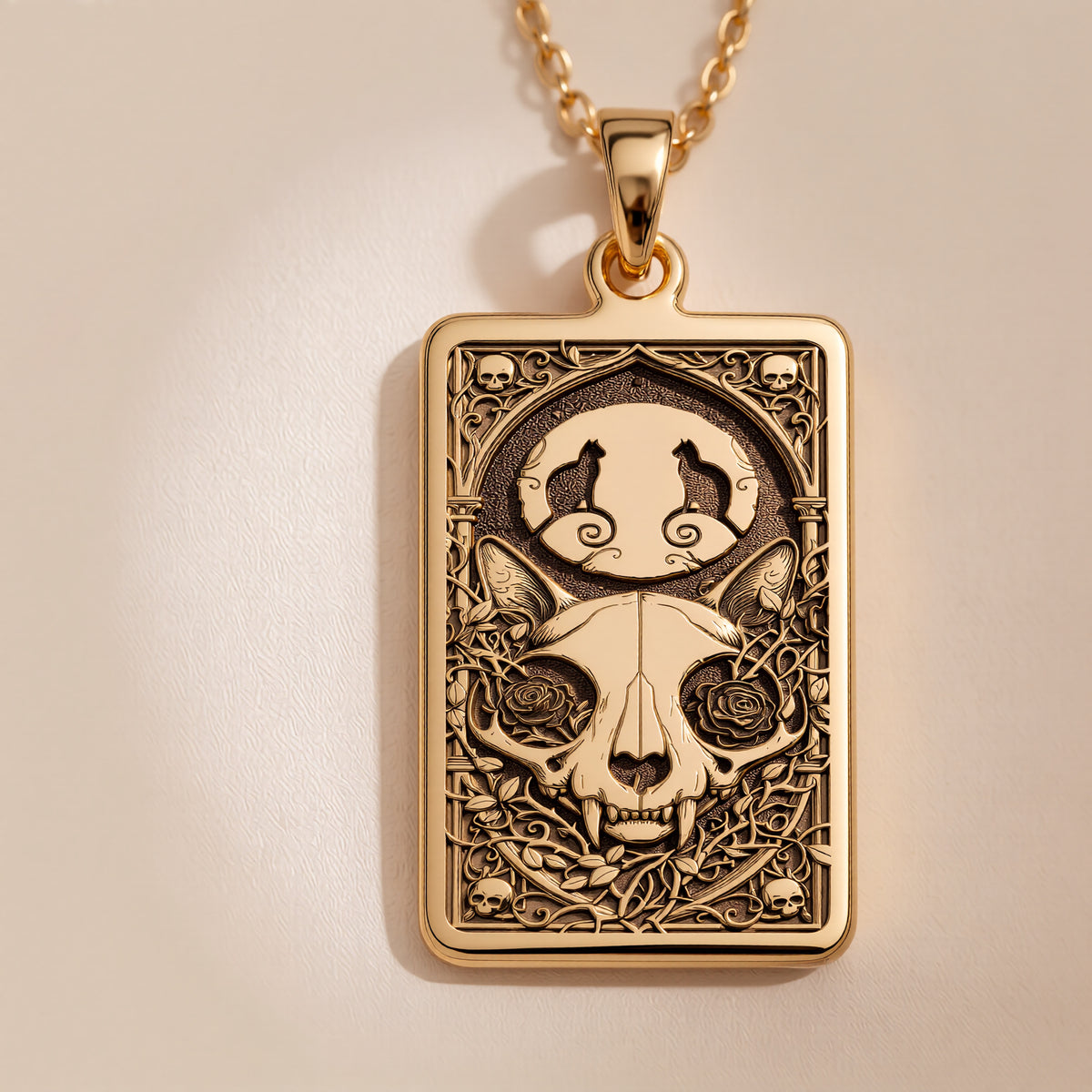 Cat Skull Gothic Pendant in 14K Solid Gold 14mm — front view — Shop Luminous Luxury Crafts