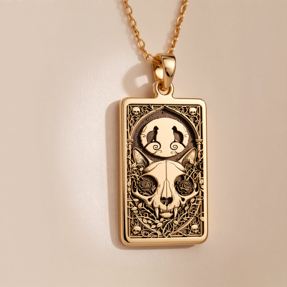 Cat Skull Gothic Pendant in 14K Solid Gold 14mm — side view — Shop Luminous Luxury Crafts
