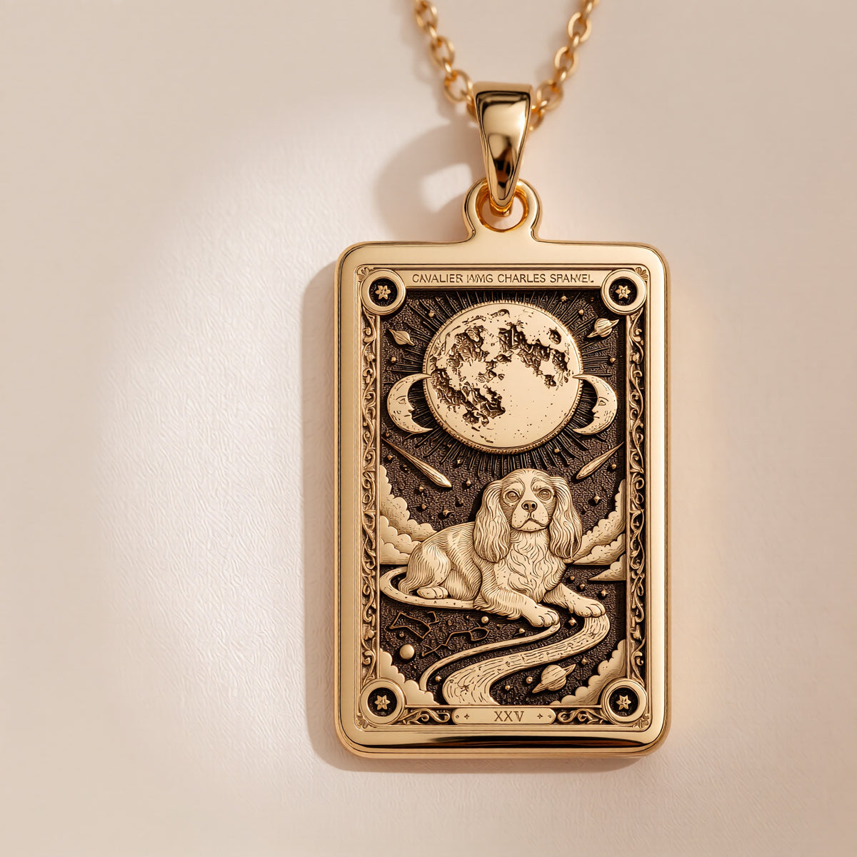 A polished 14K solid gold Cavalier medallion. This fine pet jewelry represents the breed's affectionate spirit, a perfect dog lover gift.