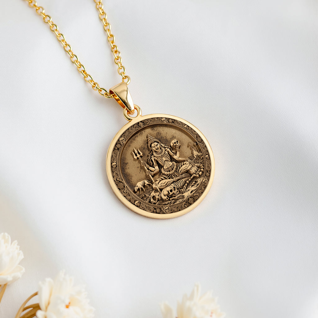 Chamunda Kali Goddess Medallion Pendant Pendants 14K 14K Gold Plated pendant necklace featuring a round classical mythological scene on a circular disc.