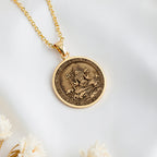 Chamunda Kali Goddess Medallion Pendant Pendants 14K 14K Gold Plated pendant necklace featuring a round classical mythological scene on a circular disc.