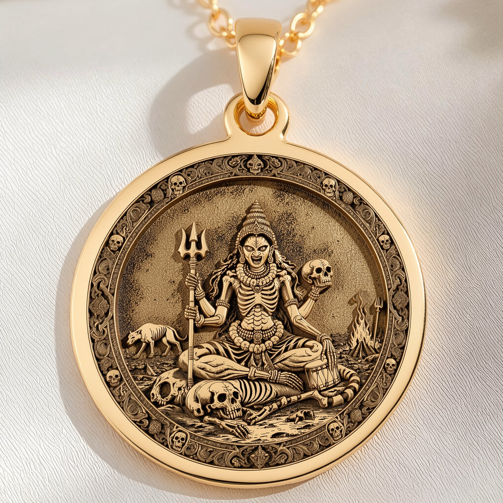 Chamunda Kali Goddess Medallion Pendant Pendants 14K 14K Gold Plated pendant featuring a detailed Hindu deity surrounded by skulls and animals necklace